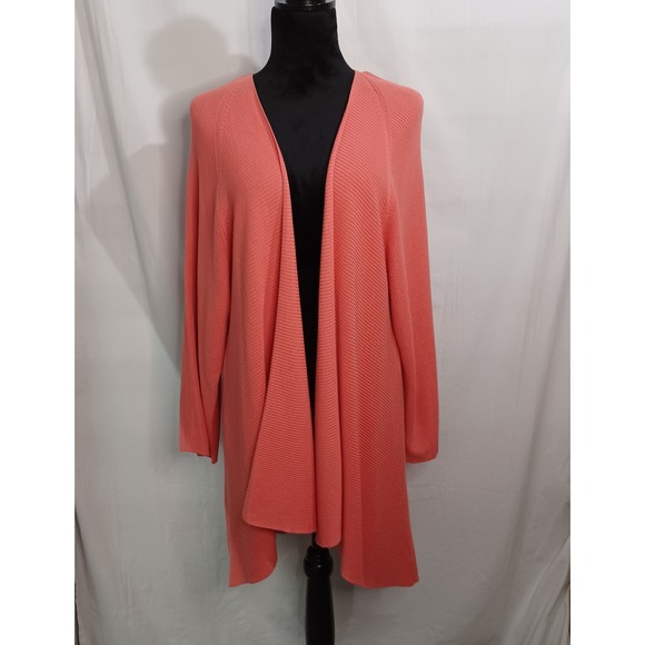 Chico's Sweaters - Women's Chico's Coral Rose Ribbed Open Front‎ Long Cardigan Size 3 (XL/16)
